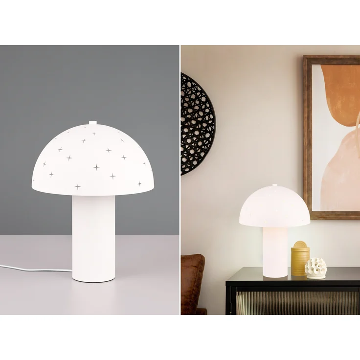 LED Tischleuchte aus Metall Weiß, Lampenschirm mit Dekorstanzung, Höhe 33 cm – Bild 1