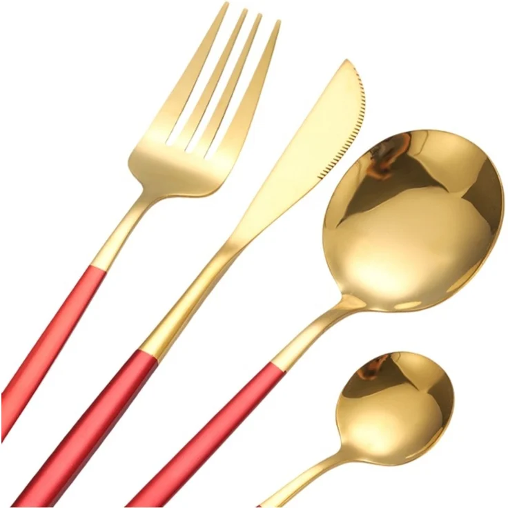 24 teiliges Besteck-Set aus hochwertigem Edelstahl für 6 Personen - Rot/Gold – Bild 2