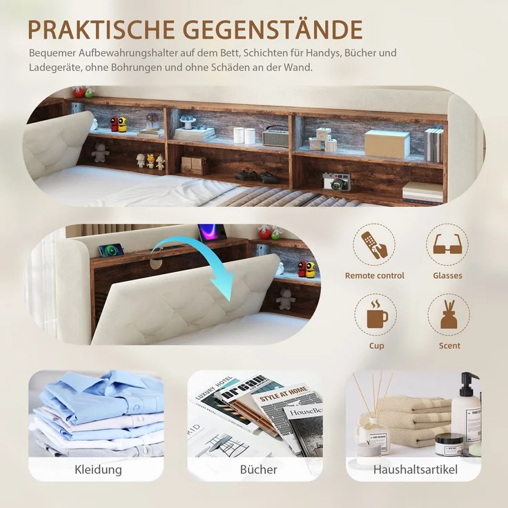 EINHOM 90 x 190 cm Schlafsofa Bettgestell Ausziehbar, Samt, Sofa mit Stauraum-Armlehne, Holz-Kopfteil Ablage, LED Licht, USB & Typ-C, Lattenrost, für Wohnzimmer & Gästezimmer, Beige (Ohne Matratze) – Bild 2
