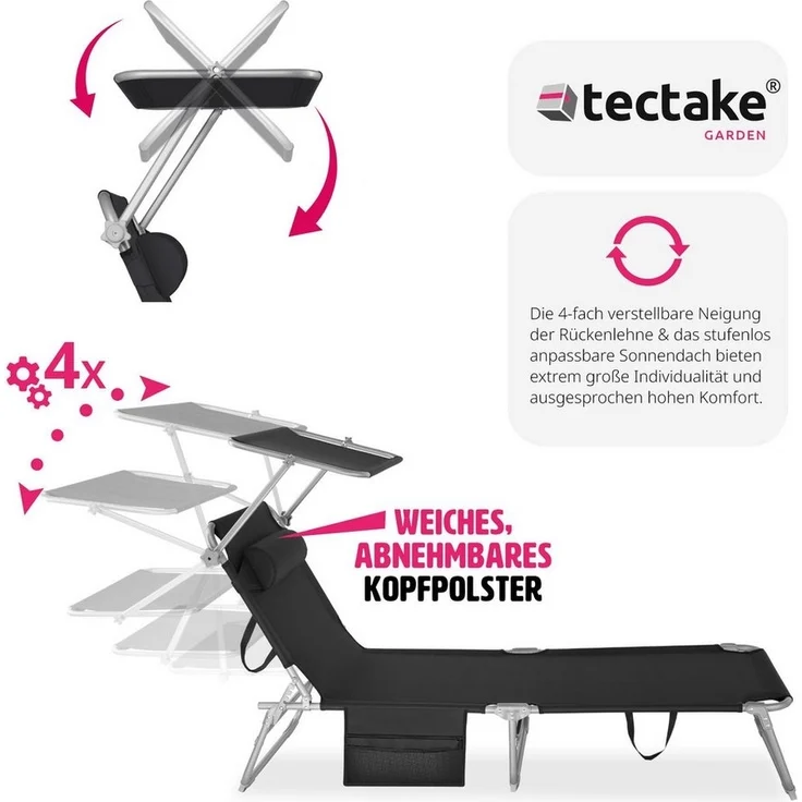 tectake® Sonnenliege klappbar, tragbar, Liege mit Seitentasche, Strandliege, Gartenliege mit Dach, Liegestuhl mit Verstellbarer Rückenlehne, inkl. Kopfkissen - für Balkon, Terrasse, Camping - schwarz – Bild 3