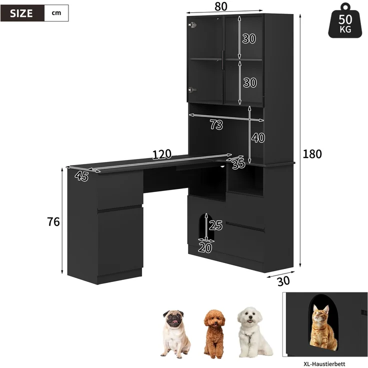 Flieks Eckschreibtisch mit LED-Vitrine & Regal 120×80×180 cm, Computertisch mit 3 Schubladen, 2 Türen, Haustierfach, Rechte Ecke, Schwarz – Bild 5