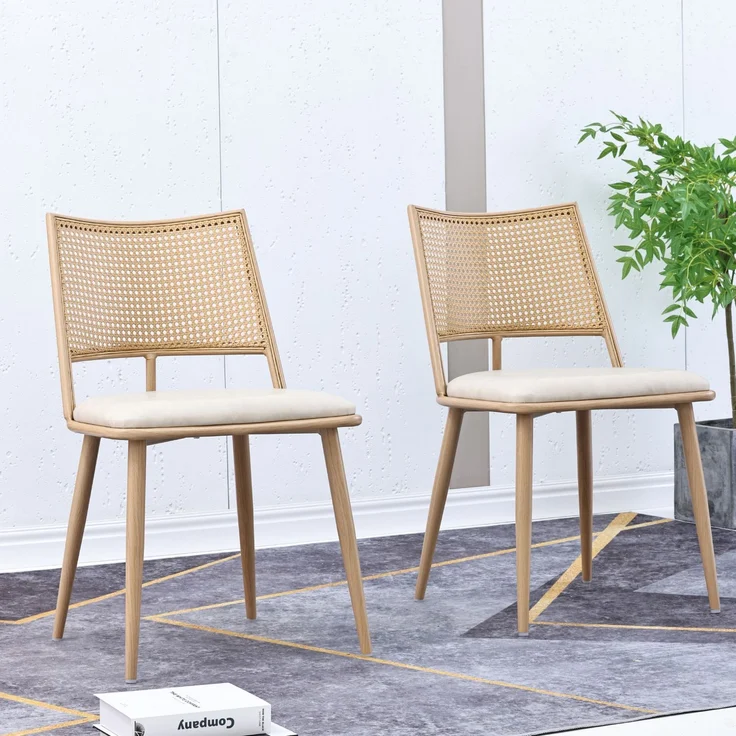 Esszimmerstuhl 80cm×48cm×50cm, 2er-Set in Beige mit Rattan-Rückenlehne und PU-Sitz – Bild 2
