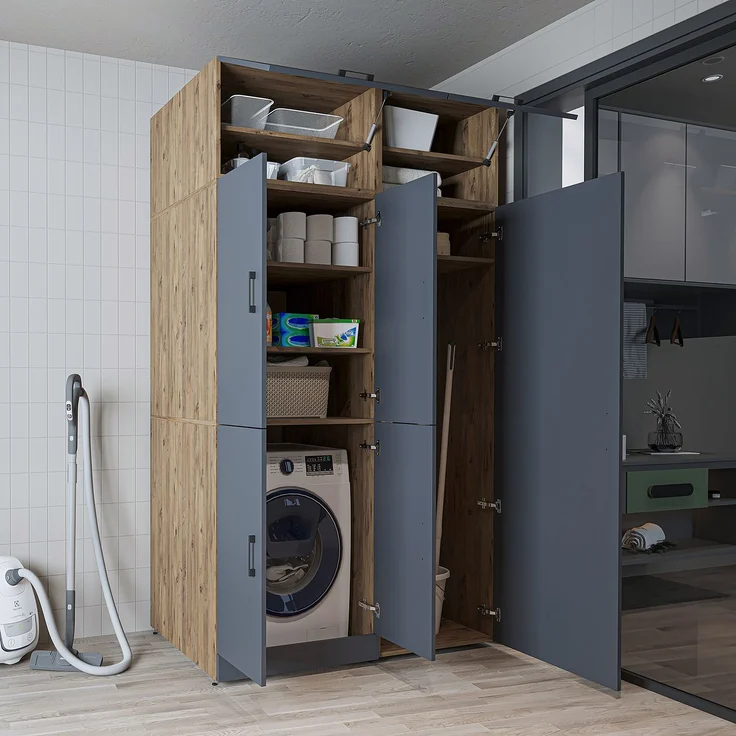 Roomart Waschmaschinenschrank- DORA-II- 130 cm breit – Waschmaschinen- & Trockner-Überbau mit Türen und Ausziehplatte, Bad & Waschküche • Anthrazit-Eiche – Bild 7