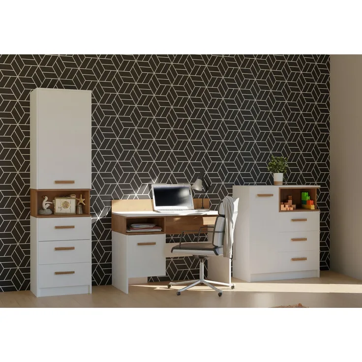 Marmex Möbel Grant Set-K Jugendzimmer-Set 3-teilig mit Kommode, Schreibtisch, geschlossenes Regal, Kinderzimmermöbel mit Schreibtisch, laminierte Spanplatte, weiß+riviera Eiche, 250x195x55 cm