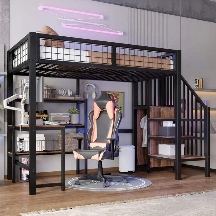 Hochbett Liegefläche 90x200 cm aus Metall und MDF mit Schreibtisch, Regalen und Kleiderschrank in Schwarz-Braun, ohne Matratze – Bild 4