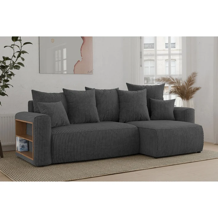 MEBLINI Schlafcouch mit Bettkasten - 238x142x73cm - Dunkelgrau Cordstoff - SOLARIS - Kleines Ecksofa mit Schlaffunktion - Sofa mit Relaxfunktion und Kissen - Kleine Couch L-Form - Eckcouch – Bild 2
