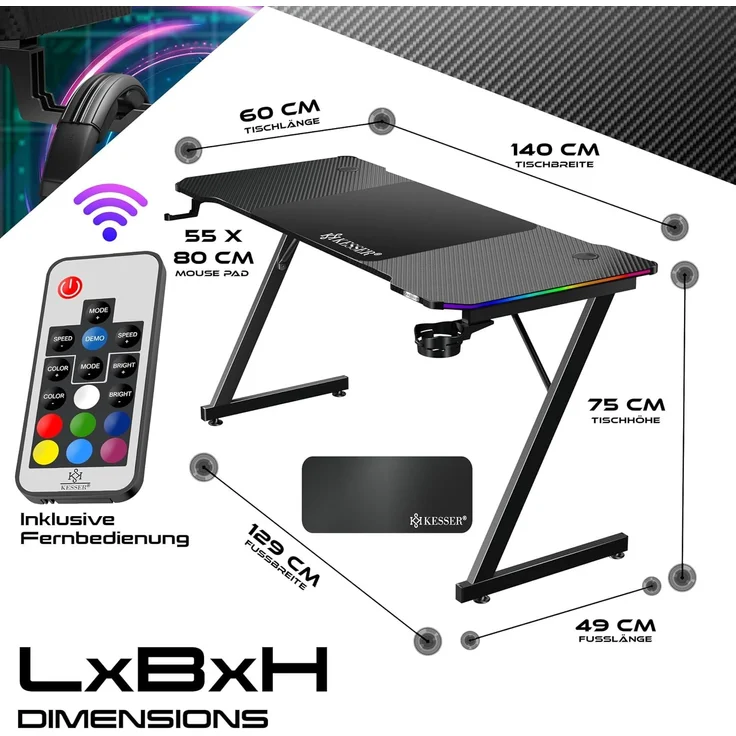 KESSER® Gaming Tisch LED, Z-Form Gamer Schreibtisch, Kopfhörerhaken & Kohlebeschichtung, Ergonomischer PC Computertisch, Stabiler Tisch mit Mauspad & Getränkehalter Schwarz Carbon mit LED, 140 x 60 cm – Bild 2