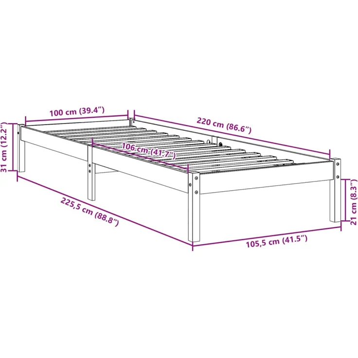 vidaXL Massivholzbett Extra Lang ohne Matratze Weiß 100x220 Kieferholz 852419 – Bild 10