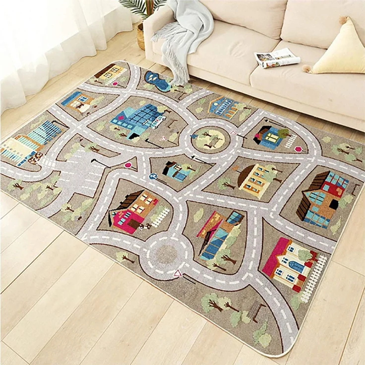 TYKTZXY Kinderteppich Spielen Teppich Straße Auto Tier Universum Blau Grün Grau(200×300cm,78×118inch) – Bild 1