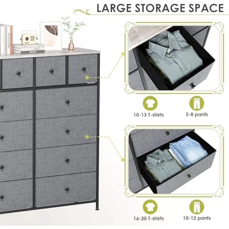 Clevich Stoff-Kommode, Schminktisch Schrank, Aufbewahrungsschrank, 12 Schubladen aus Stoff, Metallrahmen, industrieller Stil, für Wohnzimmer, Flur, Schlafzimmer (Dunkelgrau) – Bild 7