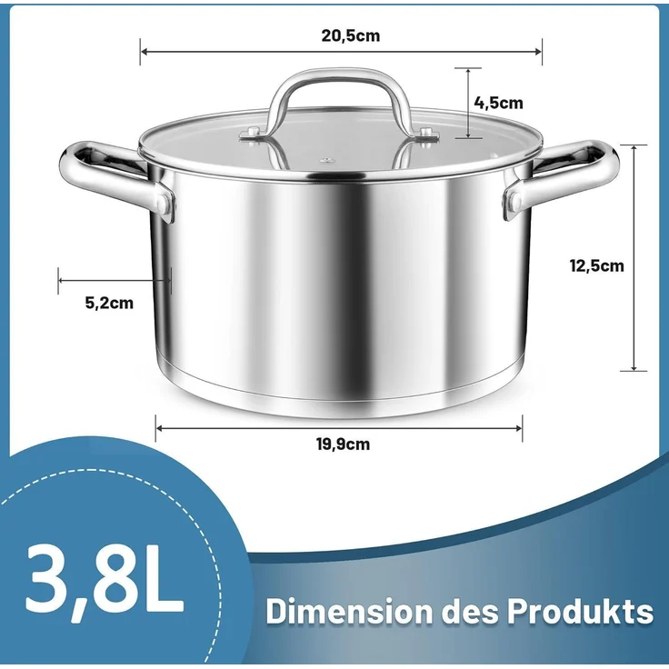 TEAMFAR Kochtopf 20cm Edelstahl Nudeltopf Induktion 3-Lagen Boden 3,8L – Bild 2