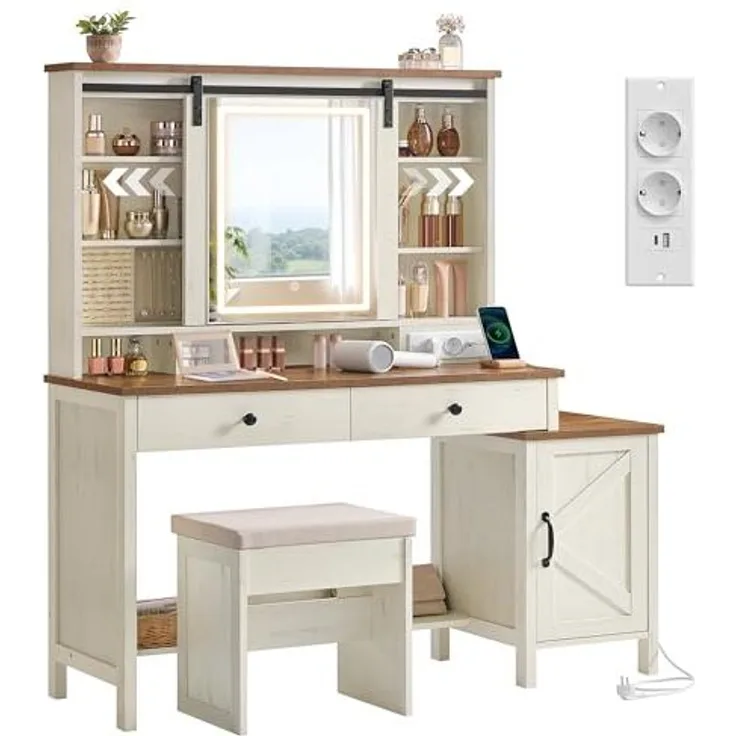 VASAGLE 'Liry Kollektion' Schminktisch mit Spiegel, Beleuchtung & Hocker, vintageweiß-honigbraun, 40 x 125 x 147 cm