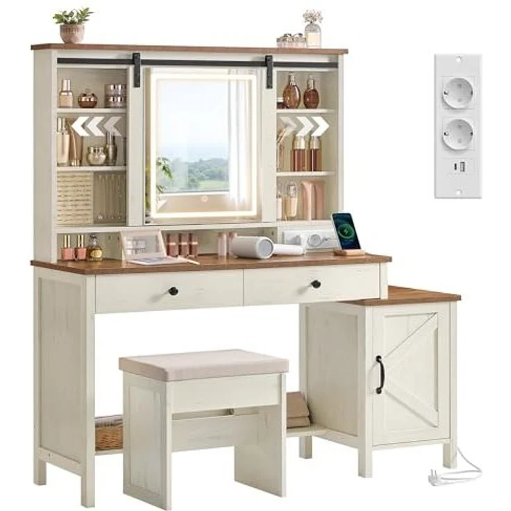 VASAGLE 'Liry Kollektion' Schminktisch mit Spiegel, Beleuchtung & Hocker, vintageweiß-honigbraun, 40 x 125 x 147 cm