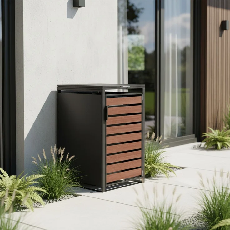 STEELSØN 'Kestra' Mülltonnenbox 1er 240 Liter, graphitschwarz mit Nußbaum-Holzoptik, Mülltonnenverkleidung aus Stahl, wetterfest, 116x80x69 cm, Müllbox für 1 Tonne – Bild 2