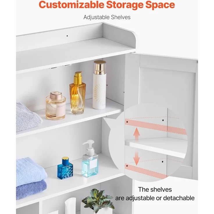 VEVOR Toilettenschrank Badezimmerschrank mit Doppeltür & verstellbarem Regal, platzsparender 4-stöckiger Badschrank über der Toilette mit offenem Regal, 1680 x 785 x 195 mm Aufbewahrungsschrank weiß – Bild 4