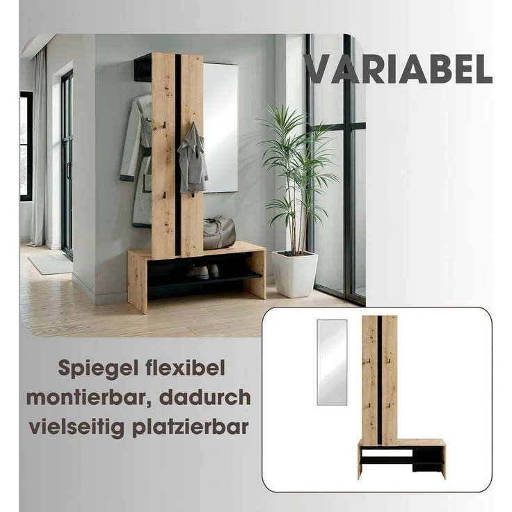 byLIVING Kompaktgarderobe Dielen - Set Nante (2-St) maximale Ordnung auf wenig Fläche mit Spiegel, Kleiderstange und Haken – Bild 2