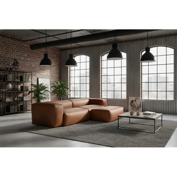 KAWOLA Sofa CELESTE 4-Sitzer mit Hocker Lederfaserstoff cognac 72 x 114 x 302 cm – Bild 1