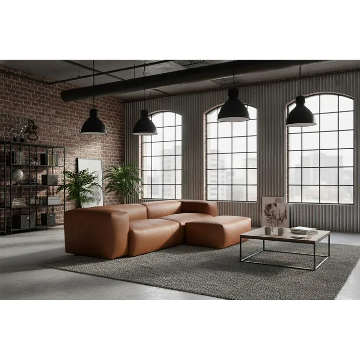 KAWOLA Sofa CELESTE 4-Sitzer mit Hocker Lederfaserstoff cognac 72 x 114 x 302 cm