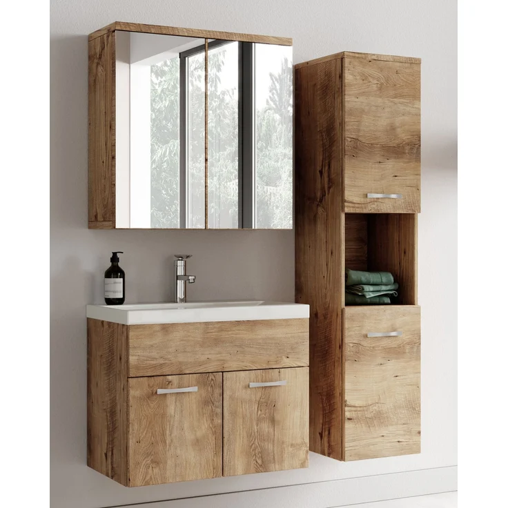 Badplaats Badmöbel Komplettset Montreal 60x35 cm Kastanien Eiche - Badezimmermöbel mit Waschbecken und Spiegelschrank – Bild 2