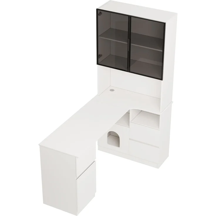 Flieks Eckschreibtisch mit LED-Vitrine & Regal 120×80×180 cm, Computertisch mit 3 Schubladen, 2 Türen, Haustierfach, Rechte Ecke, Weiß – Bild 6
