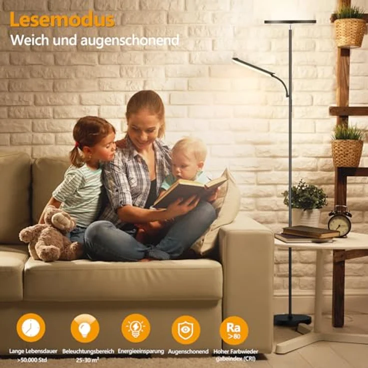 Stehlampe Wohnzimmer, 42W Deckenfluter mit Leselampe, 4200LM LED Stehlampe Dimmbar mit 2700K-6500K Farbtemperatu, Moderne Standleuchte mit Fernbedienung & Touch-Steuerung für Wohnzimmer Schlafzimmer – Bild 6
