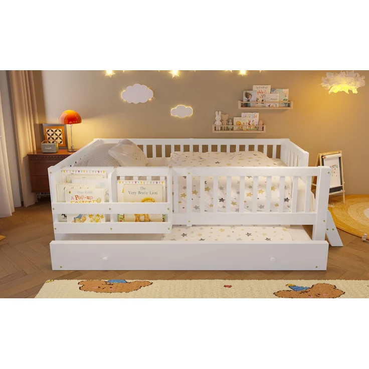 ZUBALIYA Holzbett 90 x 200 cm – Ausziehbett, flexible Montage, Geländer, MDF, Kiefer, Weiß – Bild 9