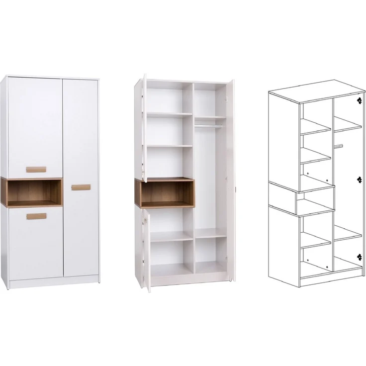 Marmex Möbel Grant Set-R Jugendzimmer-Set 4-teilig mit Kleiderschrank mit Kleiderstange, Schreibtisch, Kommode und Wandregal, Kinderzimmer Komplett Set mit Schreibtisch, laminierte Spanplatte, weiß+riviera Eiche, 286x195x55 cm – Bild 5