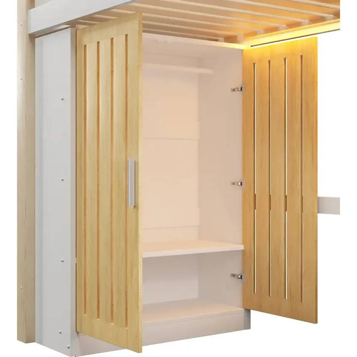 Hochbett mit RGB LED-Streifen, Lattenrost, Kleiderschrank, Trittleiter, Regal und Rausfallschutz, 140x200 cm, Kinderbett, Kiefer – Bild 9
