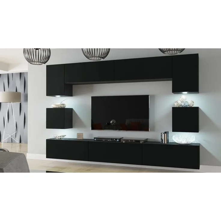 Furnitech NOWARA AN1 Wohnzimmer Möbel Wohnwand Mediawand Wandschrank mit Led Beleuchtung Schrankwand (LED RGB (16 Farben), AN1-17B-M52 1B MATT), 242