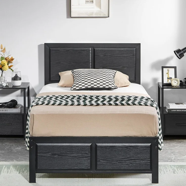 VECELO Bettgestell 90x200 cm, Metallbett mit Dick Holzkopfteil und Lattenrost, Modern Gästebett Jugendbett mit Stauraum Unter Dem Bett, Perfekt für Schlafzimmer, Schwarz – Bild 1