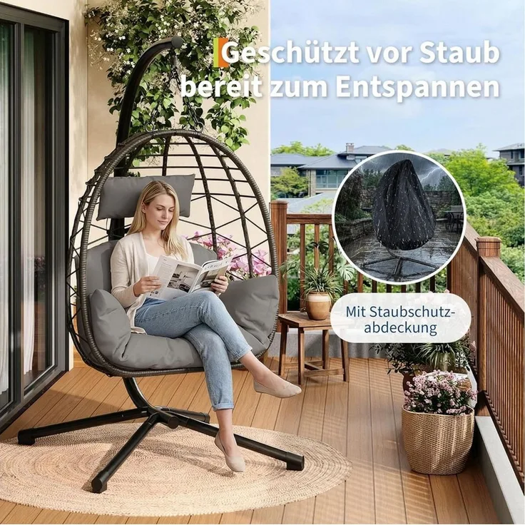 GarveeMore Hängesessel mit Gestell für Outdoor & Indoor,Polster & Schutzabdeckung, Rattan Hängestuhl mit Stahlgestell,bis 150 kg belastbar