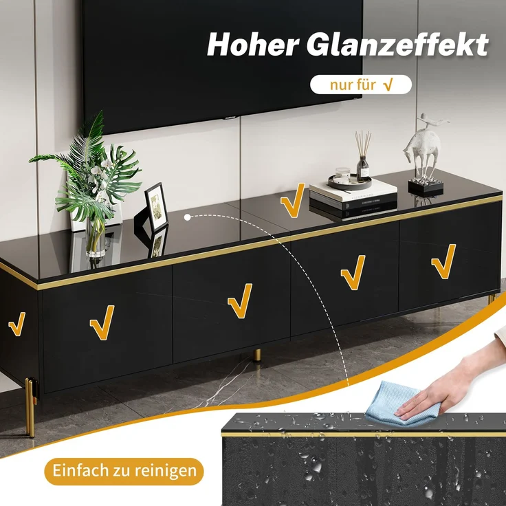 EINHOM Modernes Luxus-TV-Schrank- und Couchtisch-Set, Hochglänzende Oberfläche in Unifarbe, Goldene Kanten, Großzügiger Stauraum – Bild 5