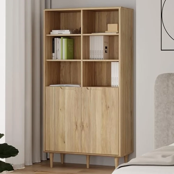 Forte Sherbrooke Regalschrank 100, Skandi-Stil, leichte Montage Dank EasyKlix by Forte, 2-türig, hohe Füße, Holzwerkstoff, Mauvella Eiche Holzdekor, 94,6 cm breit x 182,6 cm hoch x 43 cm tief – Bild 2