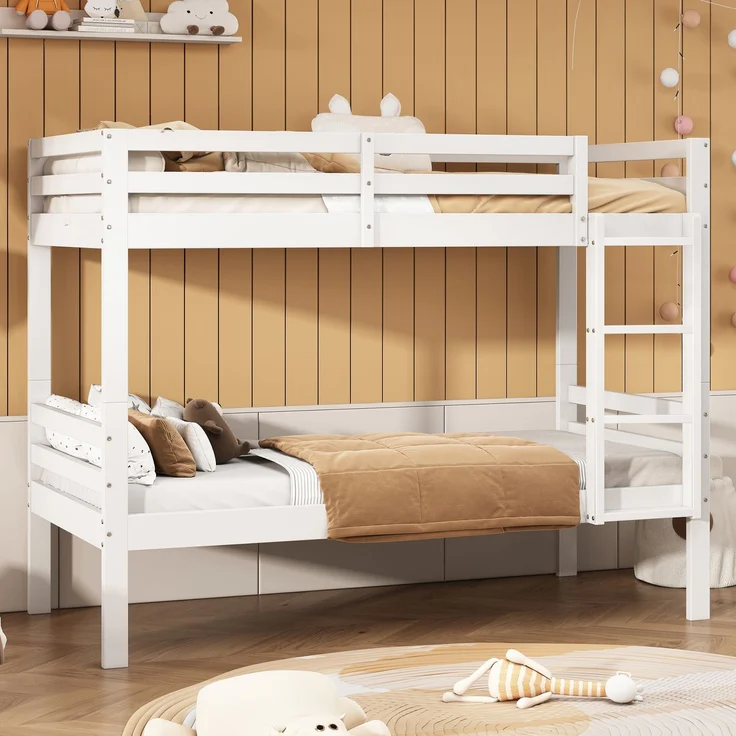 Etagenbett Kinderbett Weiß 90x200 Teilbar in 2 Einzelbetten mit Leiter Absturzsicherung Jugendbett Kiefer Holz Doppelstockbett – Bild 3
