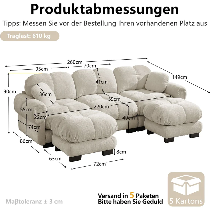 EINHOM 3-Sitze U-förmiges Cloud Sofa, inklusive mobiler Ottomane und 2 kleinen Dekokissen, Feines Steppdesign, Dicke Sitzkissen, Weich und Stützend, Einfach Aufzubauen, geeignet für das Wohnzimmer, Hellkhaki – Bild 2