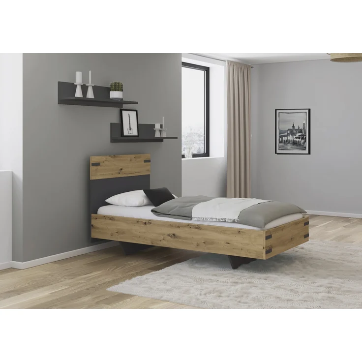 Bett >Butte< in grau metallic / Eiche Artisan Dekor - 95x101x207 (BxHxT) – Bild 2