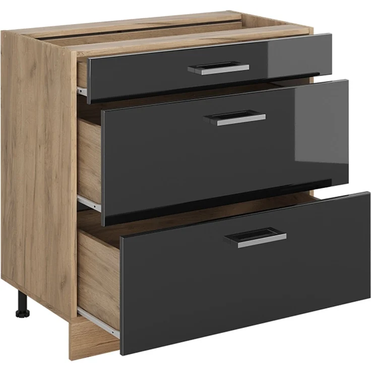 Küchenunterschrank R-Line Anthrazit Hochglanz/Goldkraft Eiche 80 cm mit 3 Schubladen Arbeitsplatte Goldkraft Eiche Vicco – Bild 3