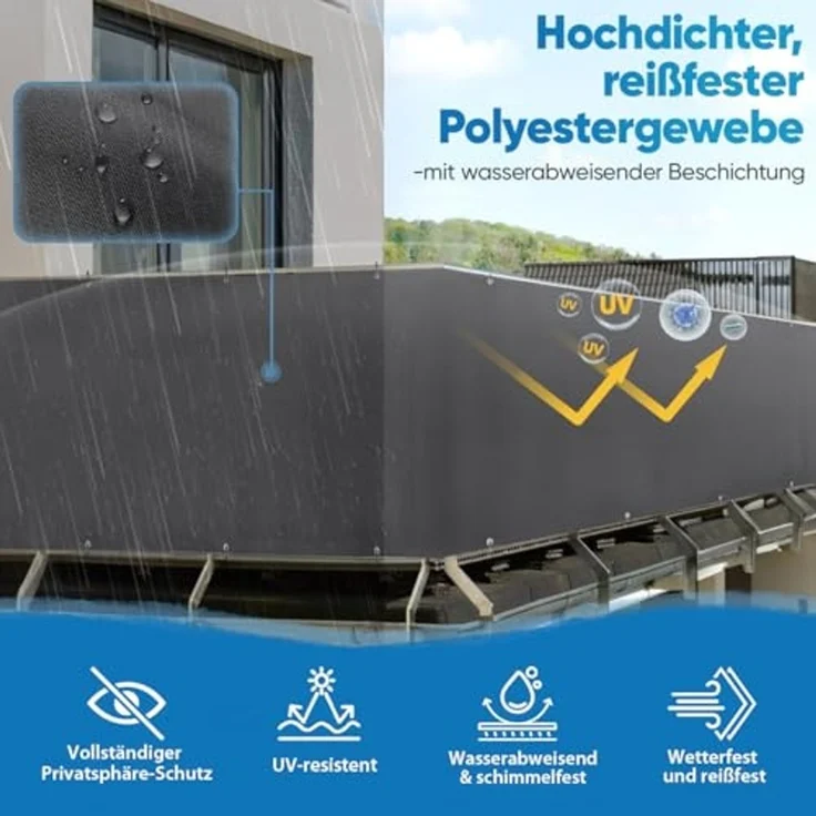 Sekey Balkon Sichtschutz Balkonabdeckung Balkonsichtschutz Balkonverkleidung blickdichte Windschutz 100x300 cm, mit Ösen, Nylon Kabelbinder und Kordel, 100% Privatsphäre, Anthrazit – Bild 3