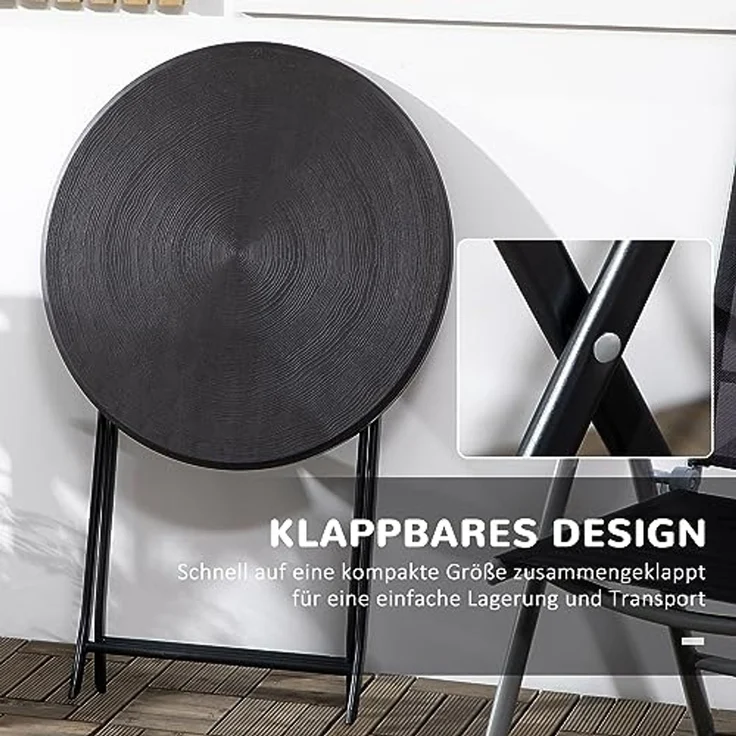 Outsunny Beistelltisch Garten-Esstisch mit Dekorativer Holzoptik, Campingtisch für Balkon (60 cm Beistelltisch für 2 Personen, 1-St, Runder Klapptisch), HDPE, Dunkelgrau – Bild 4