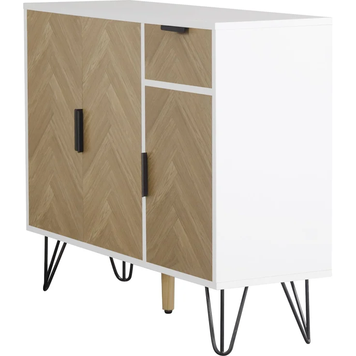 Aufbewahrungsschrank Weiss Holzoptik 90x30 cm mit Schublade und 3 Türen Metallfüße Schwarz Regal Sideboard für Wohnzimmer Flur – Bild 9