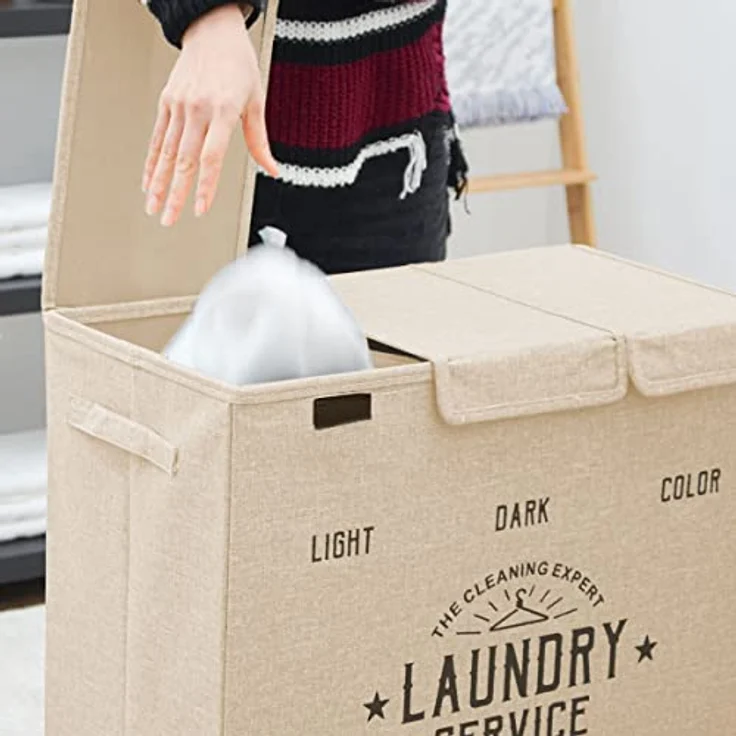 DuneDesign Wäschekorb 84 Liter, faltbar mit Deckel und 3 Fächern in Beige, wasserabweisend und stabil – Bild 6