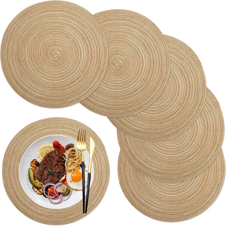 ABC Rundes PP-Gewebe-Tischset, 6-teilig, hitzebeständig, rutschfest, abwaschbar, 38 cm, kaffeebraun