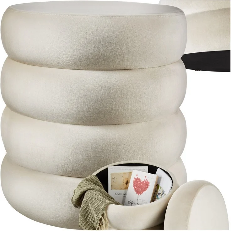tectake® Hocker mit Stauraum, Scandi Sitzhocker Samt Stoff, Pouf, Polsterhocker rund für Schminktisch, Schlafzimmer, Wohnzimmer Möbel, als Flur Möbel, Stauhocker Wohnen - Samtoptik Creme-weiß – Bild 5