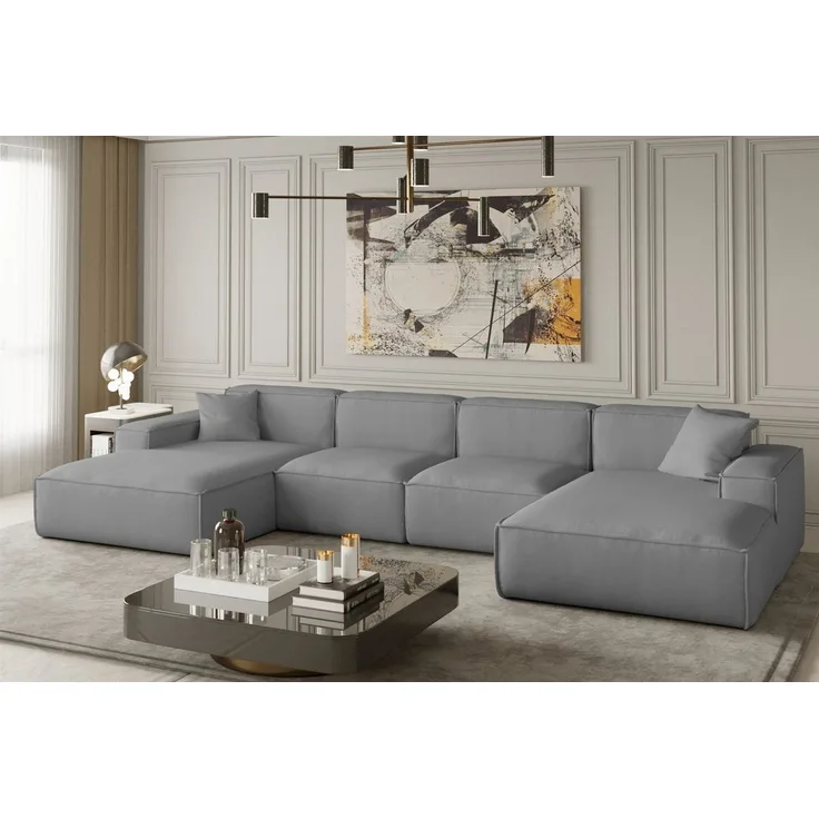Wohnlandschaft U-Form CELES in Stoff Opera Velvet Hellgrau