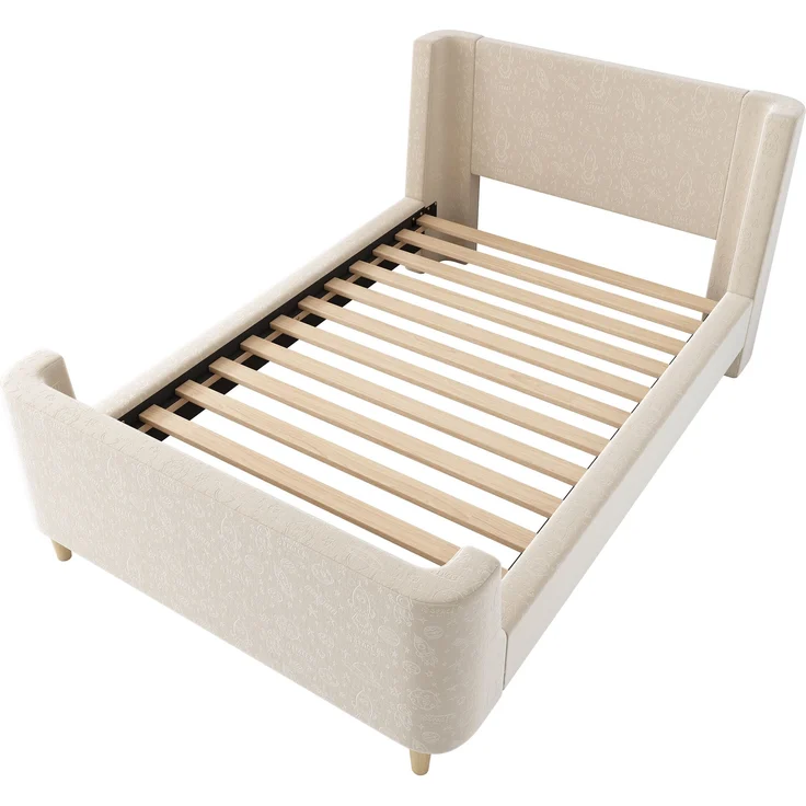 Kinderbett Schlittenbett, Samt mit Weltraum-Muster & Lattenrost, 99x212x76 cm, Beige, ohne Matratze – Bild 7