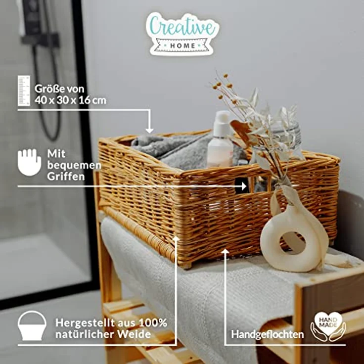 Creative Home Holzkiste Weidenkorb Aufbewahrungskorb, Handgeflochten, Haltbar (1 St), Korb Geflochten Naturkorb mit Griffen Aufbewahrung – Bild 5
