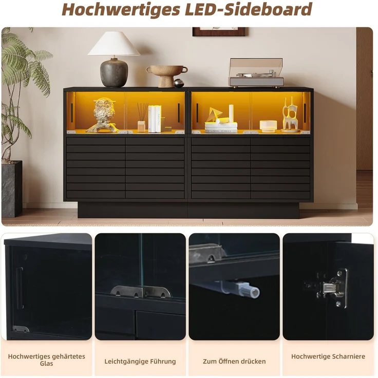 Merax Sideboard mit 2 Kabinett, 4 Fächern, Glastüren, Breite 130 cm, Beistellschrank mit LED-Licht, Wohnraumschrank mit viel Stauraum, Schwarz – Bild 5