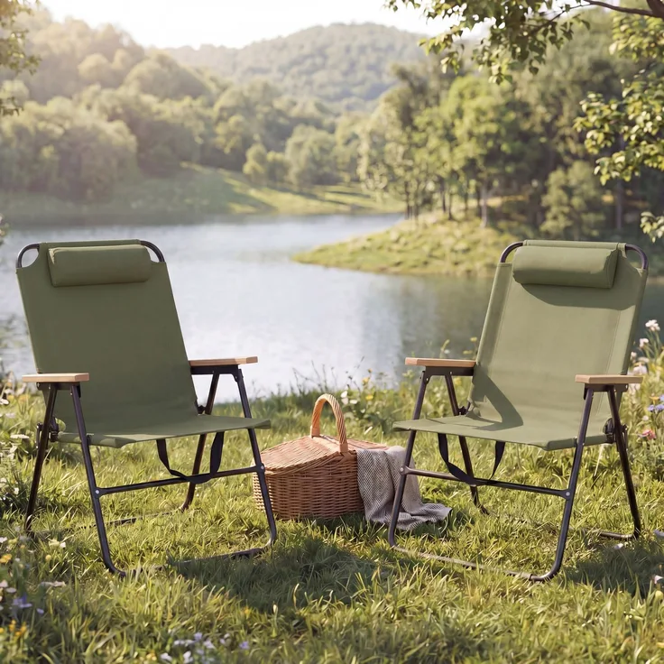 2er-Set Campingstuhl HWC-Q44, Gartenstuhl Balkonstuhl Freizeitstuhl, klappbar verstellbar Outdoor Metall Stoff ~ grün