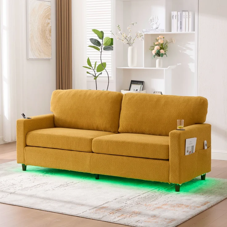 Zweisitzer Chenille-Sofa 203x77,5x86 cm – USB-C, LED-Ambiente und Getränkehalter in Senfgelb – Bild 2
