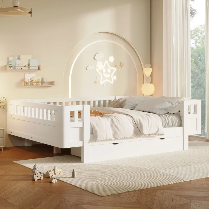 Merax Hochbett 140x200 Kinderbett, mit hohem Schutzgitter & zwei großen Schubladen, Weiß – Bild 3